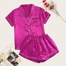 Neon Hot Pink Contrast Binding Satin Pajama Set | SHEIN