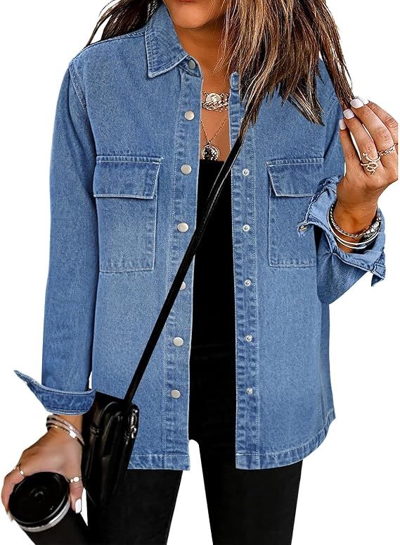 luvamia 2024 Jean Jackets for Women Fashion Oversized Button Down Denim Jacket Western Fall Shack... | Amazon (US)