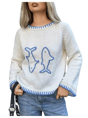 SHENHE Women's Oversized Graphic Pullover Sweater Crew Neck Cute Soft Knitted Sweater | Amazon (US)