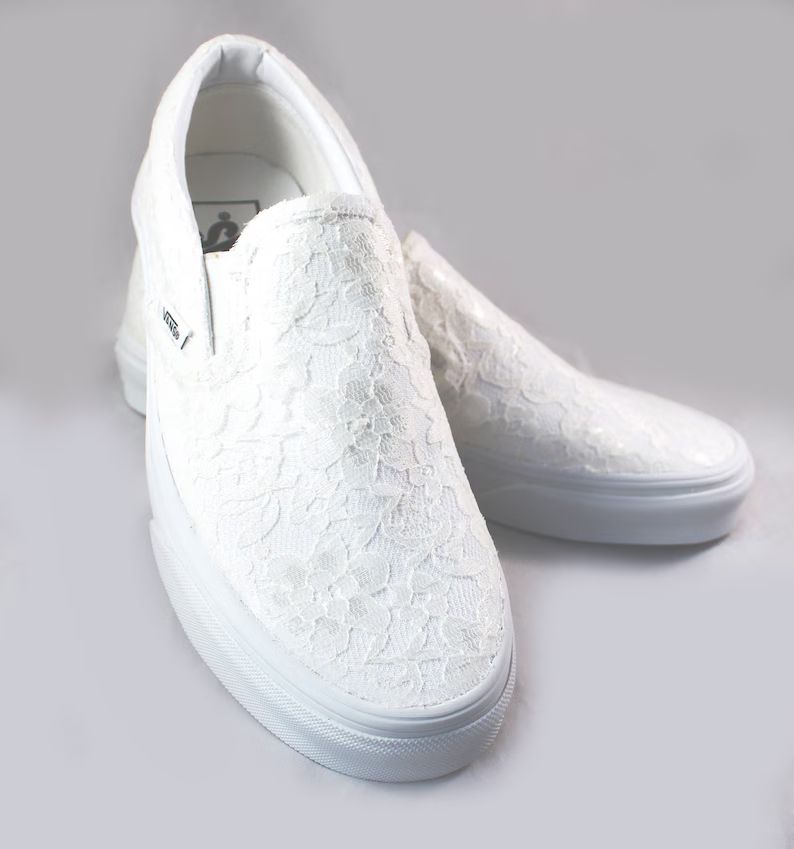 Lace Bridal Vans Slip on Ivory Lace lace Vans Wedding Tennis Shoes Wedding Vans - Etsy | Etsy (US)