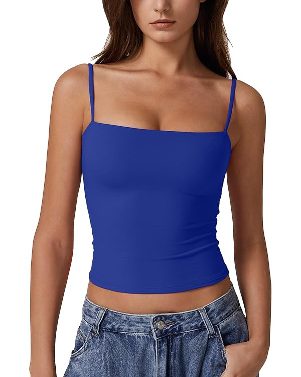 QINSEN Women's Double Lined Basic Tank Top Adjustable Spaghetti Straps Sleeveless Camisole Shirts | Amazon (US)