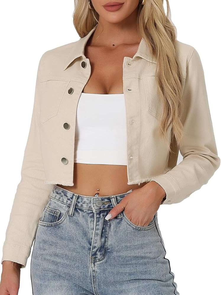 Allegra K Women's Denim Jackets Cropped Jean Jacket Trendy 2026 Lapel Long Sleeve Button Up Sprin... | Amazon (US)