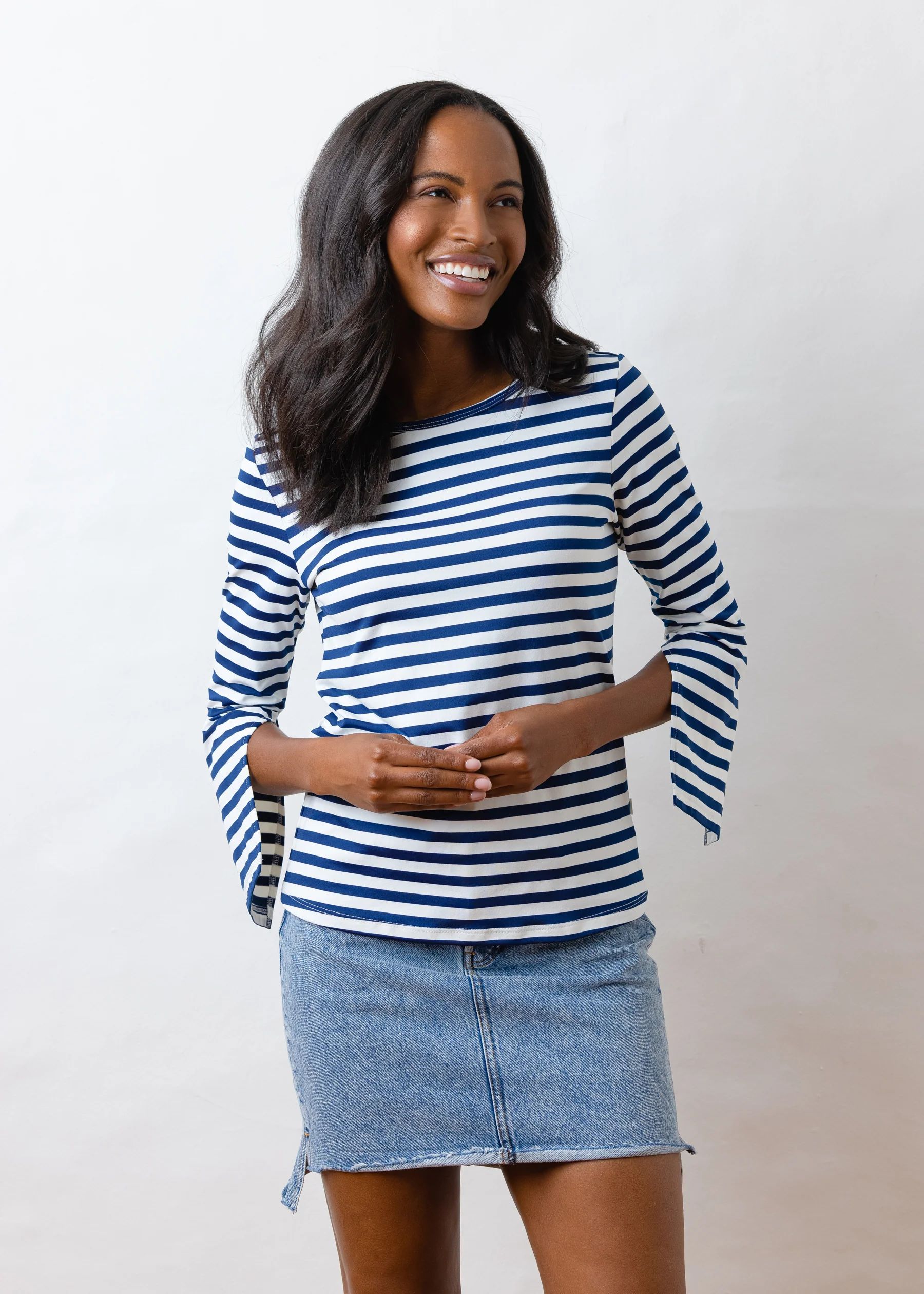 Wilshire Top in Repreve® Striped Jersey (Navy / White) | Dudley Stephens