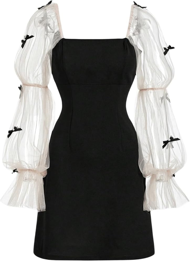 Floerns Women's Mesh Puff Long Sleeve Bowknot Square Neck Party Bodycon Mini Dress | Amazon (US)