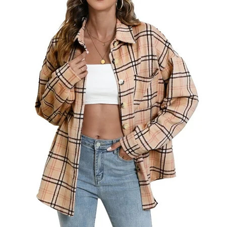 Fantaslook Womens Plaid Shirts Flannel Shacket Jacket Long Sleeve Button Down Shirts Blouses Tops | Walmart (US)