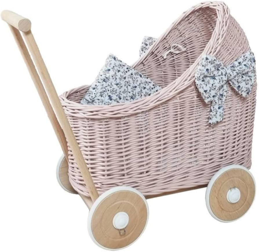 WIKLIBOX Pink Rattan Doll Stroller - Hand Made in Europe - Wicker Doll Pram, Baby Walker - Pink w... | Amazon (US)