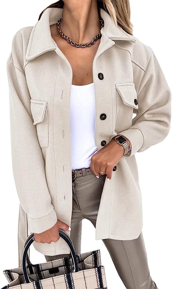 FARYSAYS Womens Single Breasted Shacket Jacket Mid Length Trench Pea Coat Outwear | Amazon (US)
