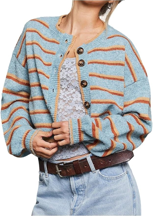 GORGLITTER Women's Light Weight Striped Button Up Cardigan Colorful Long Sleeve Cropped Knit Tops... | Amazon (US)
