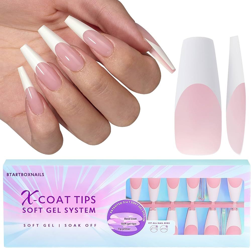 BTArtboxnails French Gel Nail Tips - French Tip Press on Nails Pink Extra Long Coffin XCOATTIPS P... | Amazon (US)