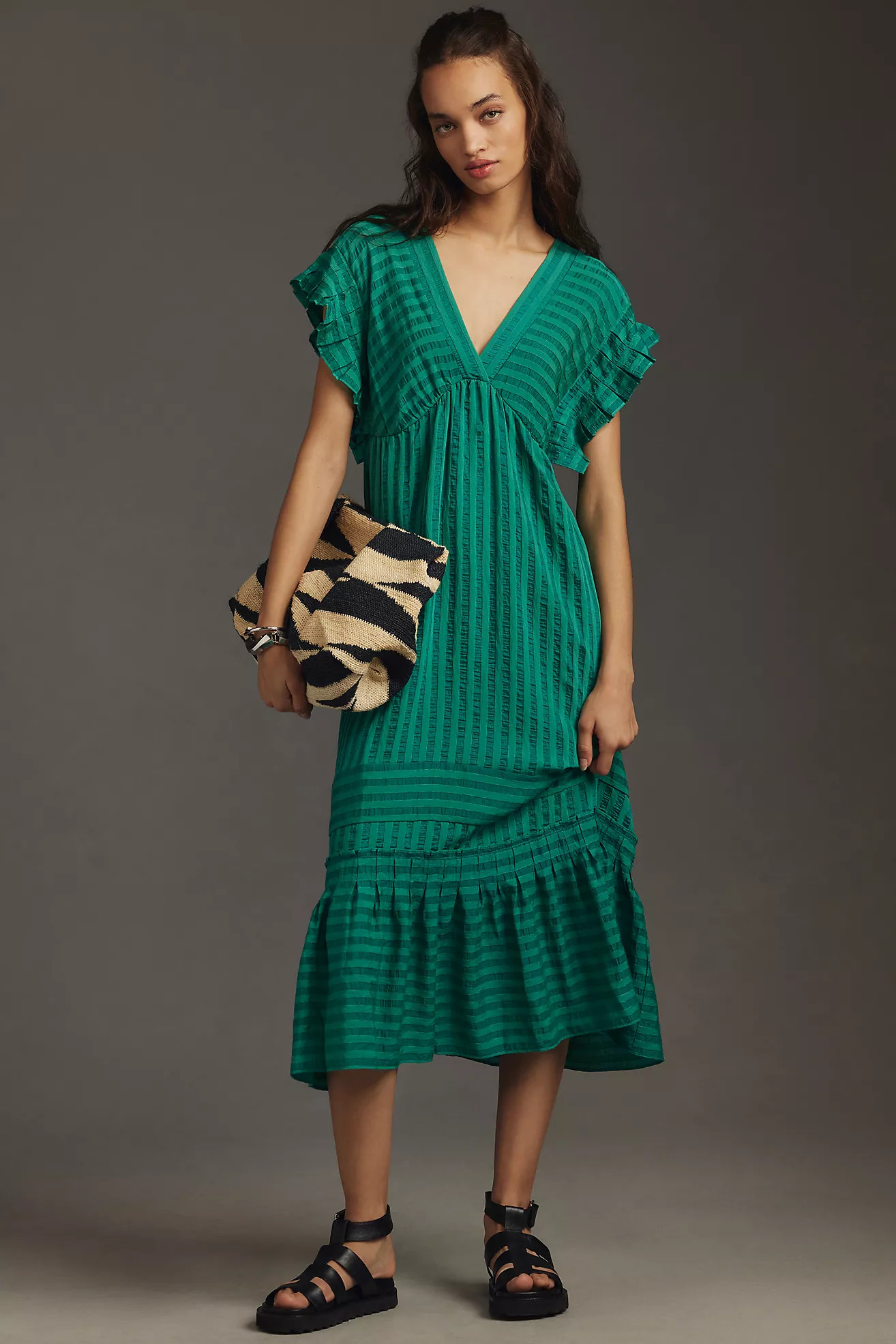 By Anthropologie Flutter-Sleeve V-Neck Midi Dress | Anthropologie (US)