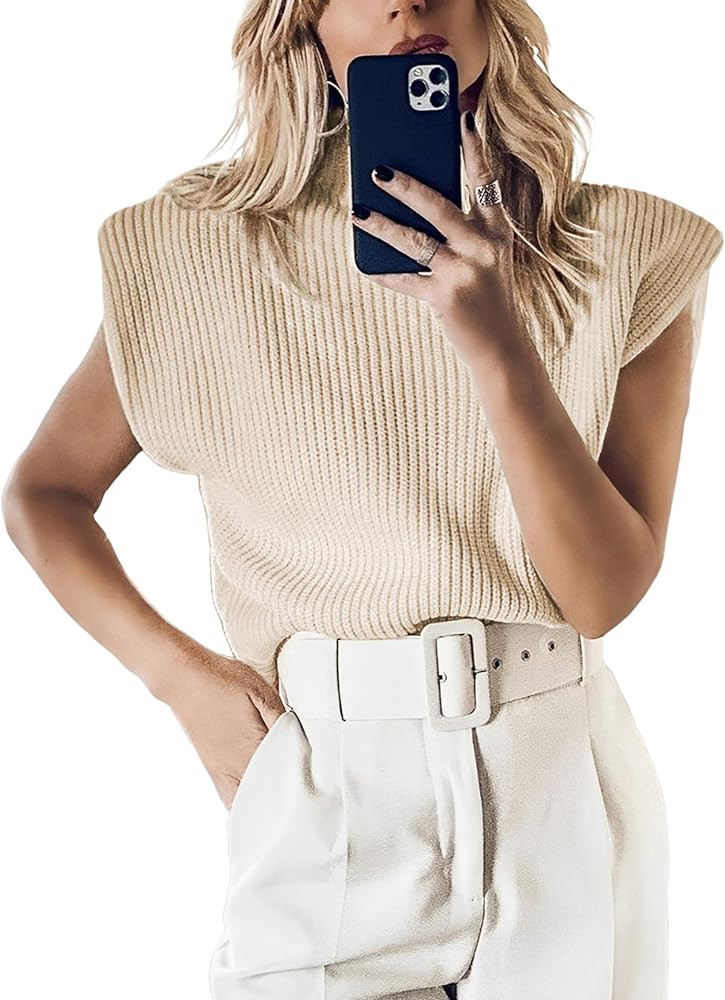 Hooever Women's Turtleneck Sleeveless Knitted Tank Tops Shoulder Pads Sweater Vest | Amazon (US)