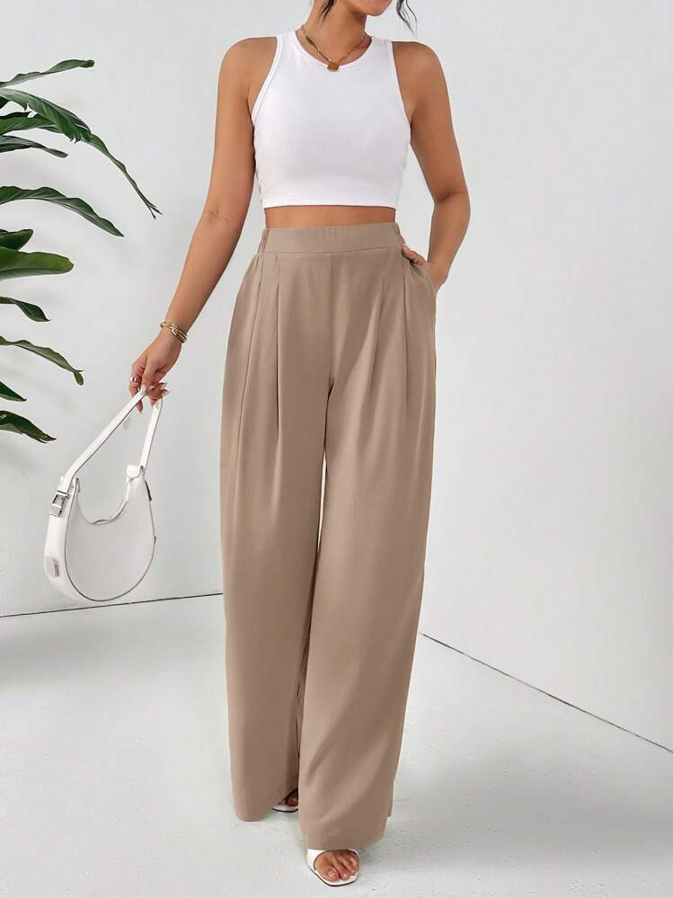 SHEIN Frenchy Women's High-Waist Solid Color Pleated Wide Leg Loose Basic Casual Pants Winter | SHEIN