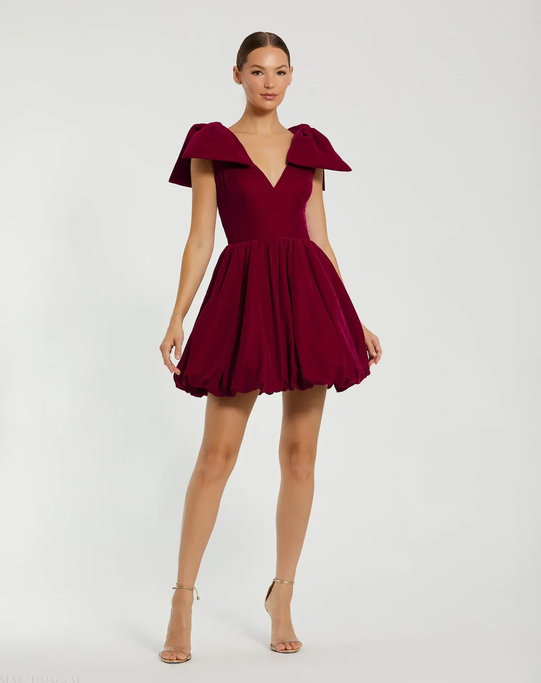 Red Velvet Shoulder Bow Bubble Mini Dress - Mac Duggal | Mac Duggal