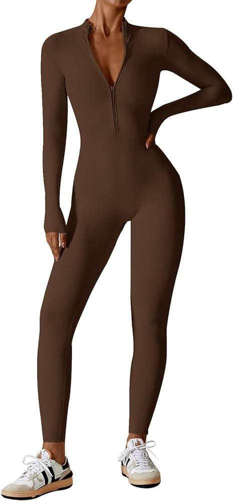 Ecupper Womens One Piece Workout Jumpsuit Zip Up Bodysuit Long Sleeve Yoga Rompers Full Length Sp... | Amazon (CA)
