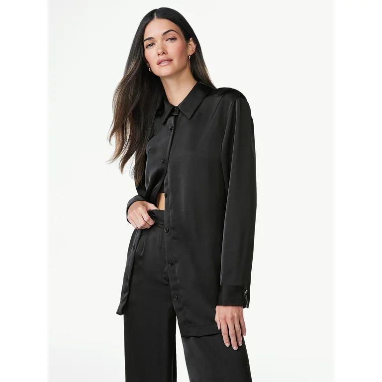 Scoop Women’s Long Sleeve Oversized Satin Button Down Shirt, Sizes XS-XXL | Walmart (US)