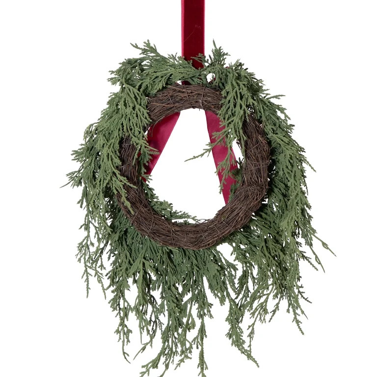 My Texas House Evergreen Artificial Christmas Wreath with Velvet Ribbon, Green and Red, 12" | Walmart (US)