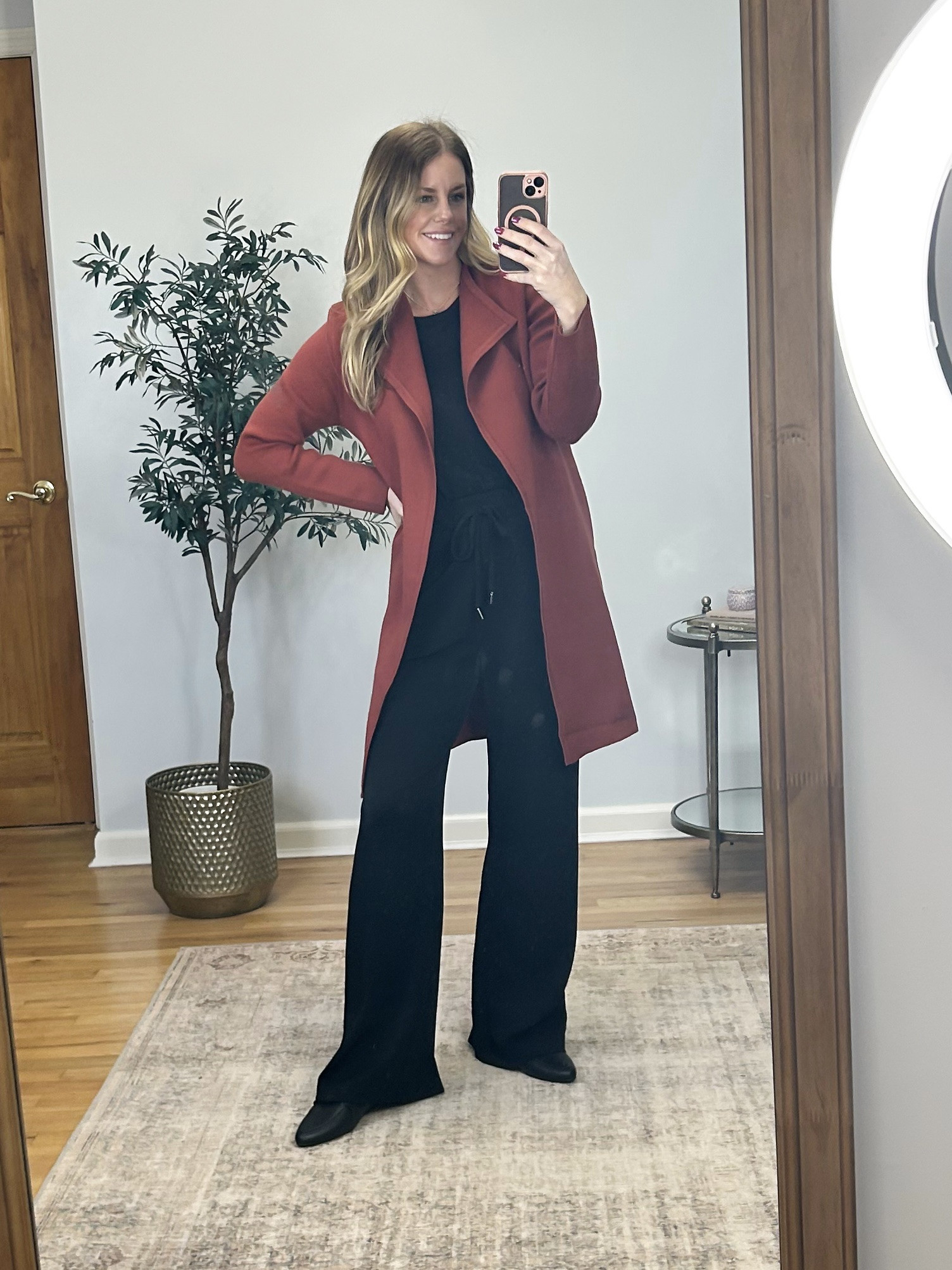 Easy comfortable holiday outfit. Pair a comfy jumpsuit with a cardigan coat! Size small in both! 

#LTKootd #LTKSeasonal #LTKFindsUnder50