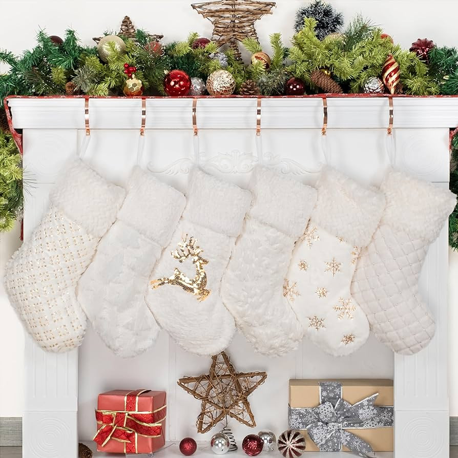 BHD BEAUTY 2026 New White Christmas Stockings Set 6 Xmas Stockings Decoration with Gold Pattern 2... | Amazon (US)