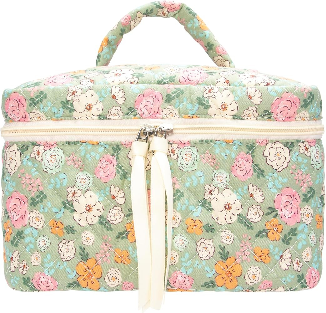 PAZIMIIK Quilted Makeup Bag Large Travel Zipper Soft Cosmetic Case for Women Girls Make Up,Green ... | Amazon (US)