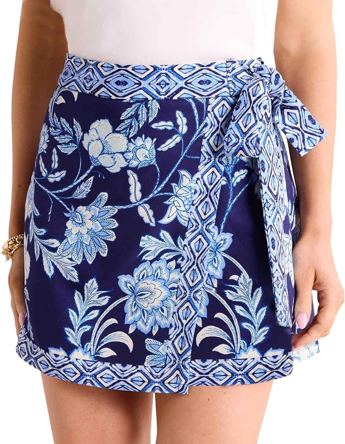 Womens Floral Wrap Mini Skirt Summer Beach Short Skirt Casual Knot Side High Waist A Line Vacatio... | Amazon (US)