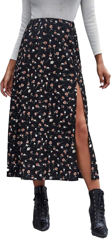 Floerns Women's Boho Floral High Waist Split A Line Midi Skirt | Amazon (US)