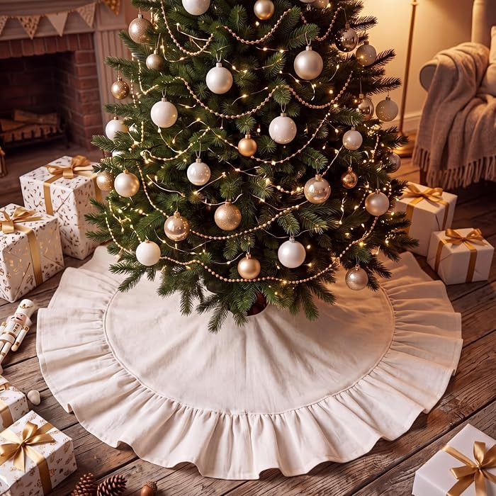 Newwiee 36 Inch Christmas Tree Skirt, Cream White Ruffled Tree Skirt | Amazon (US)