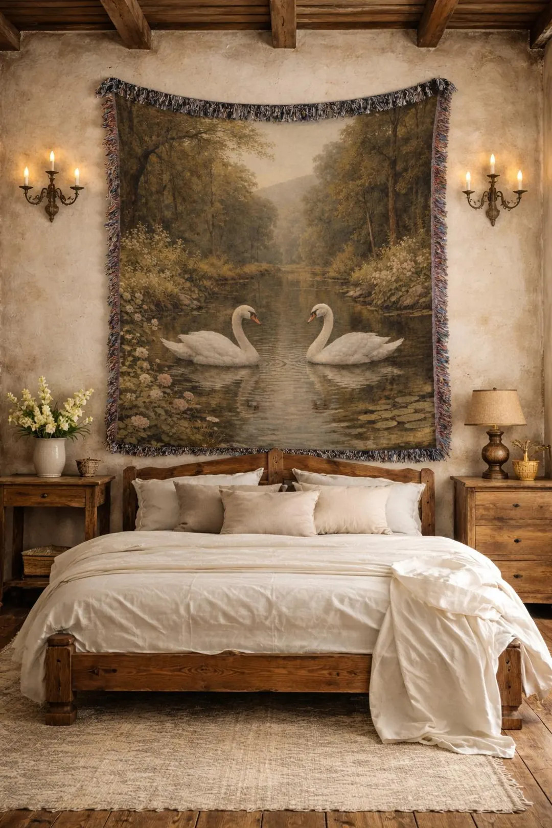 French Swan Tapestry Blanket, Vintage Verdure Woven Wall Hanging, European Wall Art - Etsy | Etsy (US)