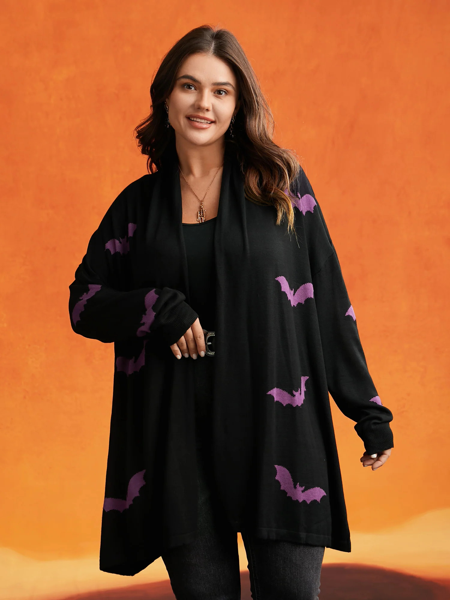 Supersoft Essentials Halloween Bat Pattern Lapel Collar Cardigan | Bloomchic