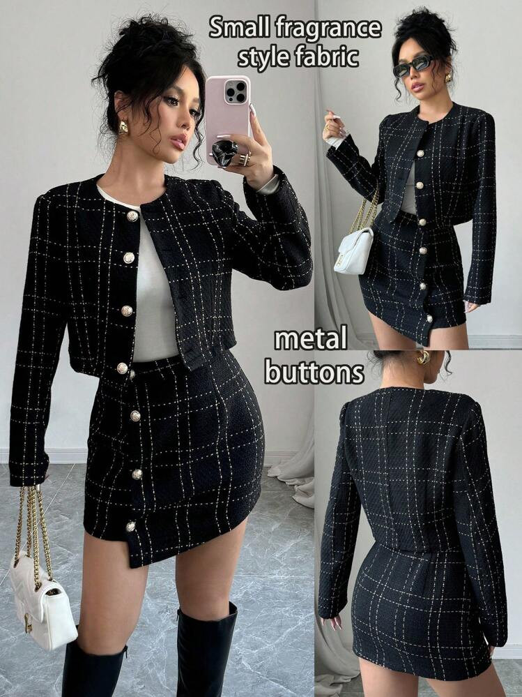 Franclia Set De 2 Piezas Conjunto De Top Y Falda Estampado De Cuadros Elegante Para Mujer, Otoño | SHEIN