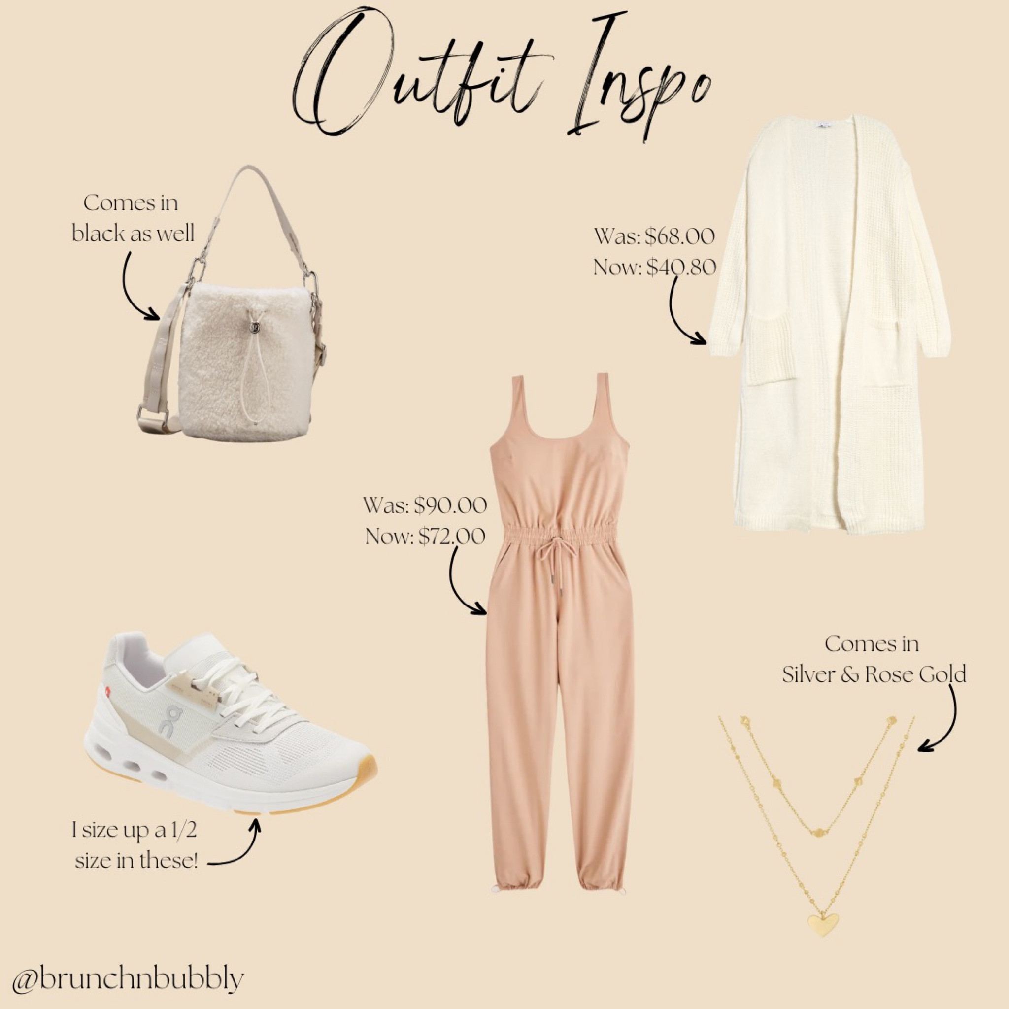 Outfit inspo!

Jumpsuit from abercrombie is on sale
Topshop Cardigan from Nordstrom is on sale and comes in 4 colors
On cloud drift sneakers are so comfortable and I size up a 1/2 size
Lululemon bucket bag is in stock in white and black
Kendra Scott necklace is one I wear everyday but they are having a sale on other items

#LTKunder100 #LTKsalealert #LTKU