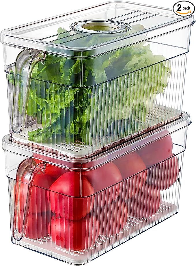 Produce Saver Refrigerator Organizer Bins, 6.3LX2 Clear Storage Bins with Lids Stackable Large Re... | Amazon (US)