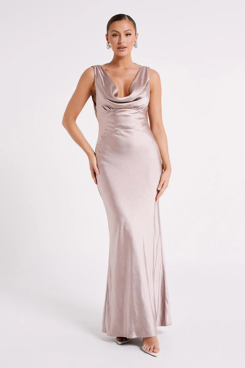 Angelique Satin Cowl Back Maxi Dress - Taupe | MESHKI US
