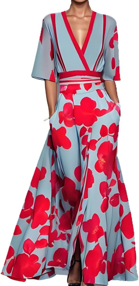 DEPENSL Womens Slit Maxi Dress 2026 V Neck Belted Long Dress Spring Summer Wedding Guest Party Co... | Amazon (US)