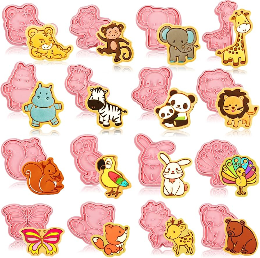 16 Pcs Animal Cookie Cutters with Plunger Stamps Set 3D Animal Shape Cookie Cutters Animal Emboss... | Amazon (US)