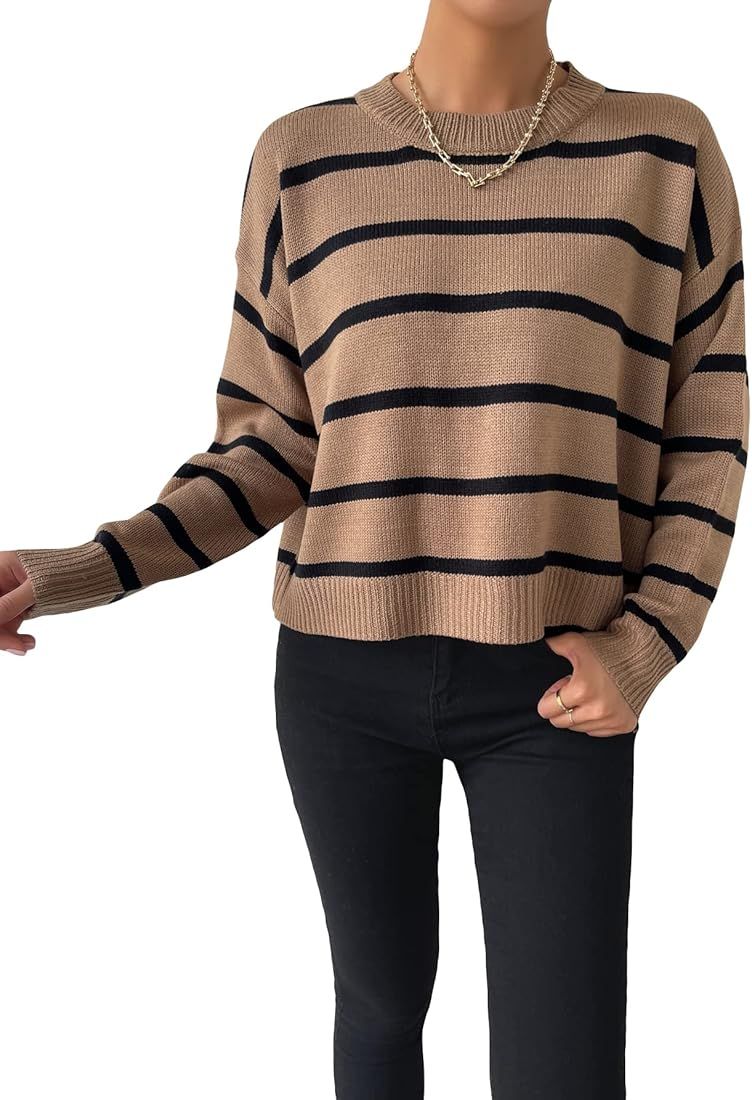 SheIn Women's Striped Round Neck Sweater Long Sleeve Casual Pullover Tops | Amazon (US)