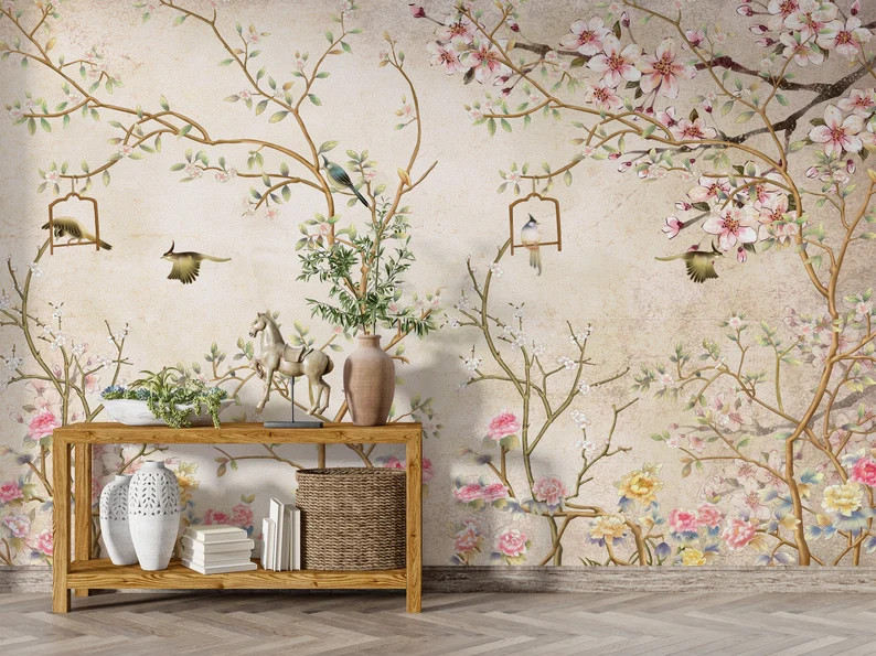 Vintage Chinoiserie Wallpaper with Birds floral ancient Wallpaper, non-woven wallpaper, peel and ... | Etsy (US)