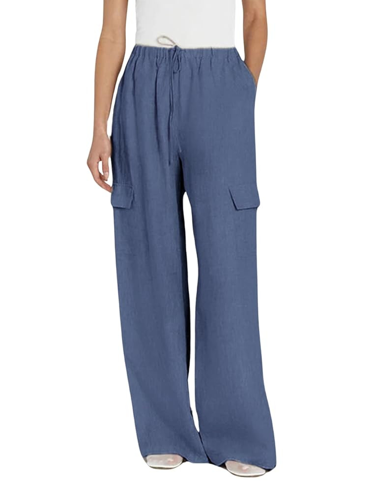 Xiaoxuemeng Womens Cotton Linen Wide Leg Pants Summer Elastic Waisted Beach Pants with Pockets | Amazon (US)