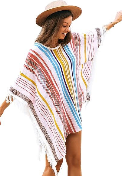 CUPSHE Women's Cover Up Colorful Stripe Tassels V Neck Swimsuit | Amazon (US)