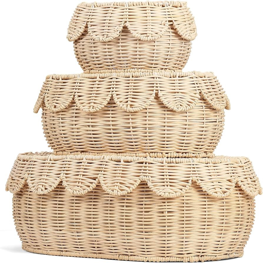 3 Pcs Small Scalloped Basket, Hand Woven Rattan Basket Set Round Wicker Basket with Lid 16 x 11 x... | Amazon (US)