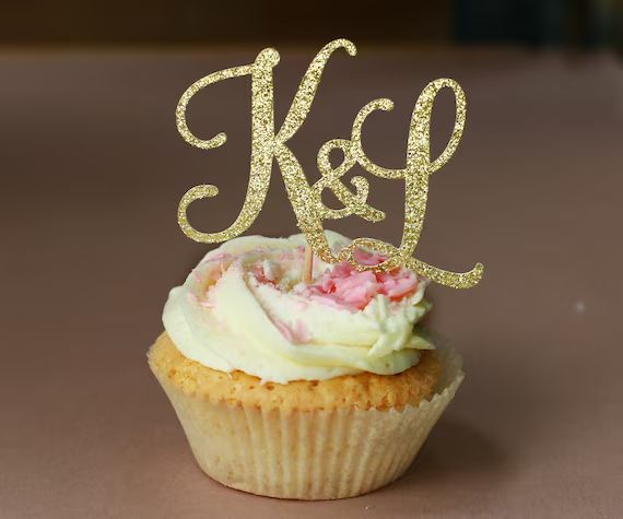 Wedding Initial Cupcake Topper in Gold with Elegant Script Two Letter Wedding Topper Monogram Cus... | Etsy (US)