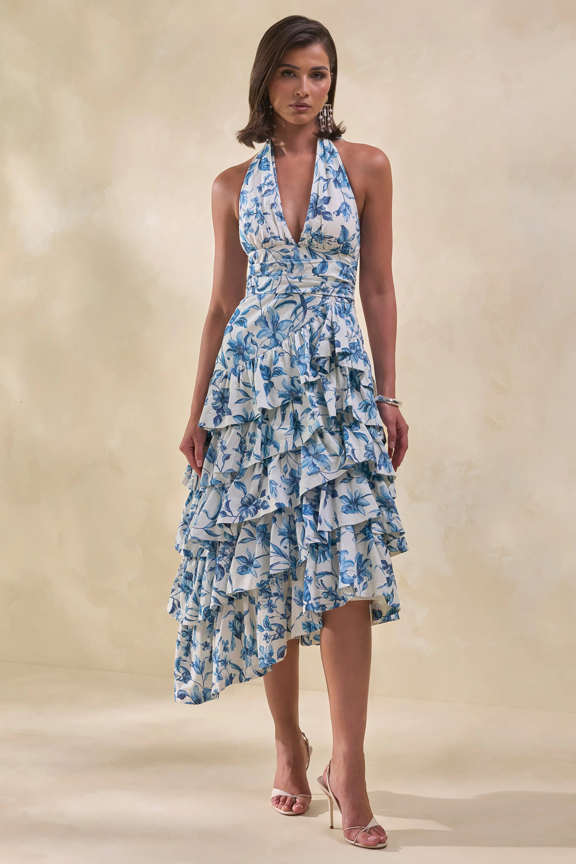 Velora | Blue Porcelain Print Asymmetric-Neck Midi Dress With Tiered-Ruffled Skirt | Club L London