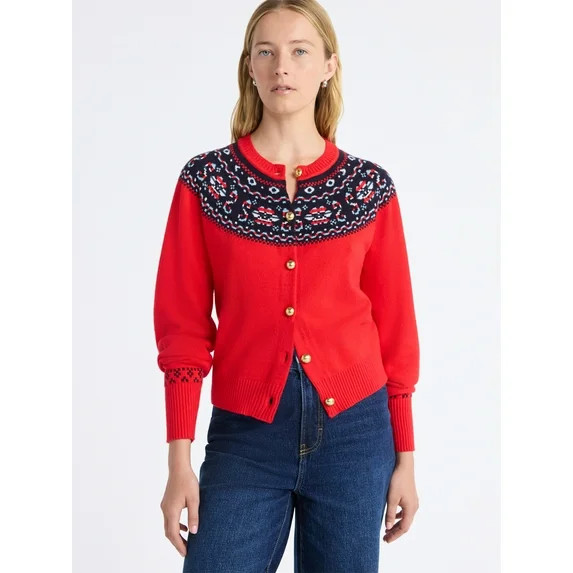 Free Assembly Women's Cozy Yarn Fair Isle Cardigan Sweater, Midweight, Sizes XS-XXL | Walmart (US)
