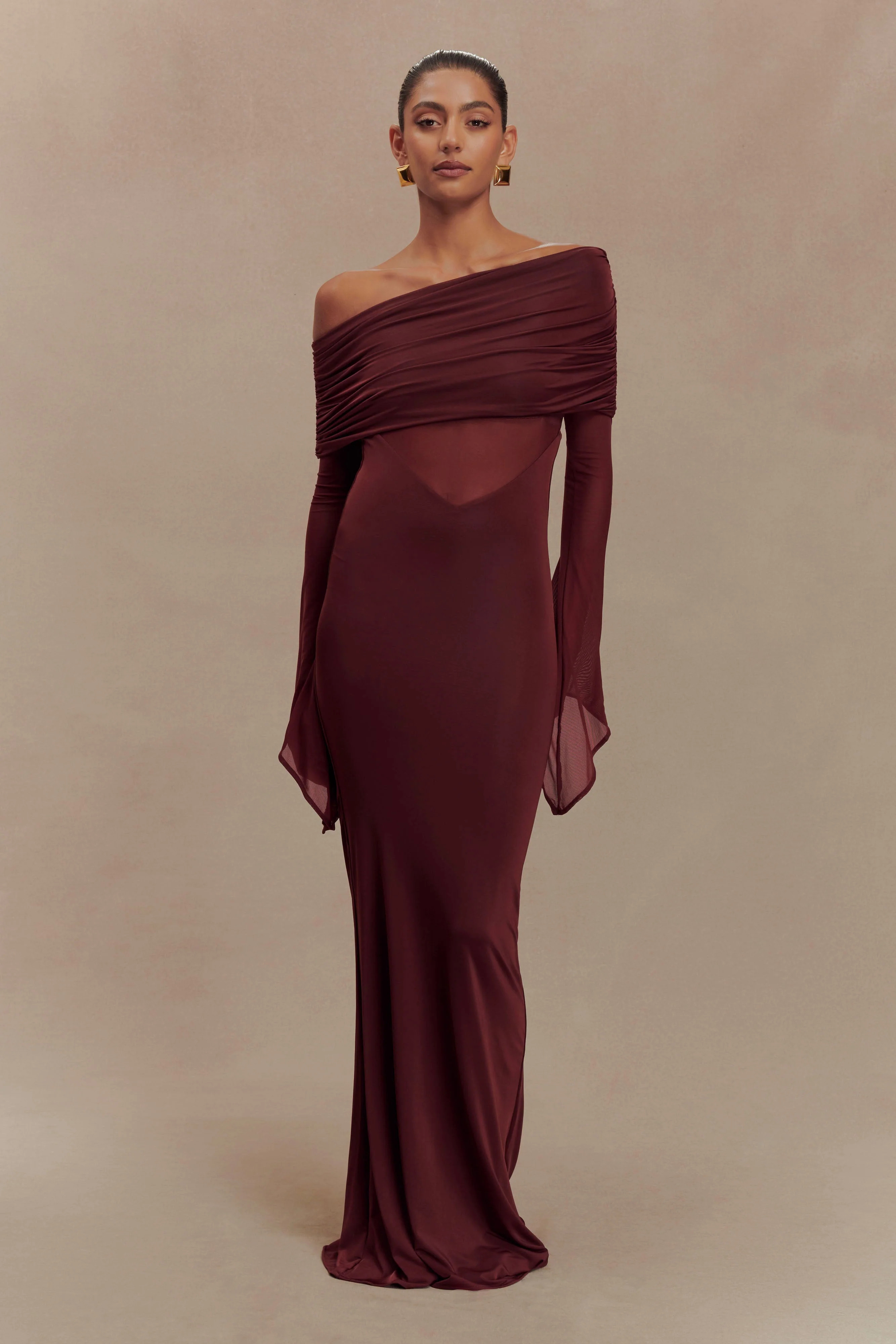 One Shoulder Slinky And Mesh Maxi Dress - Burgundy | MESHKI US
