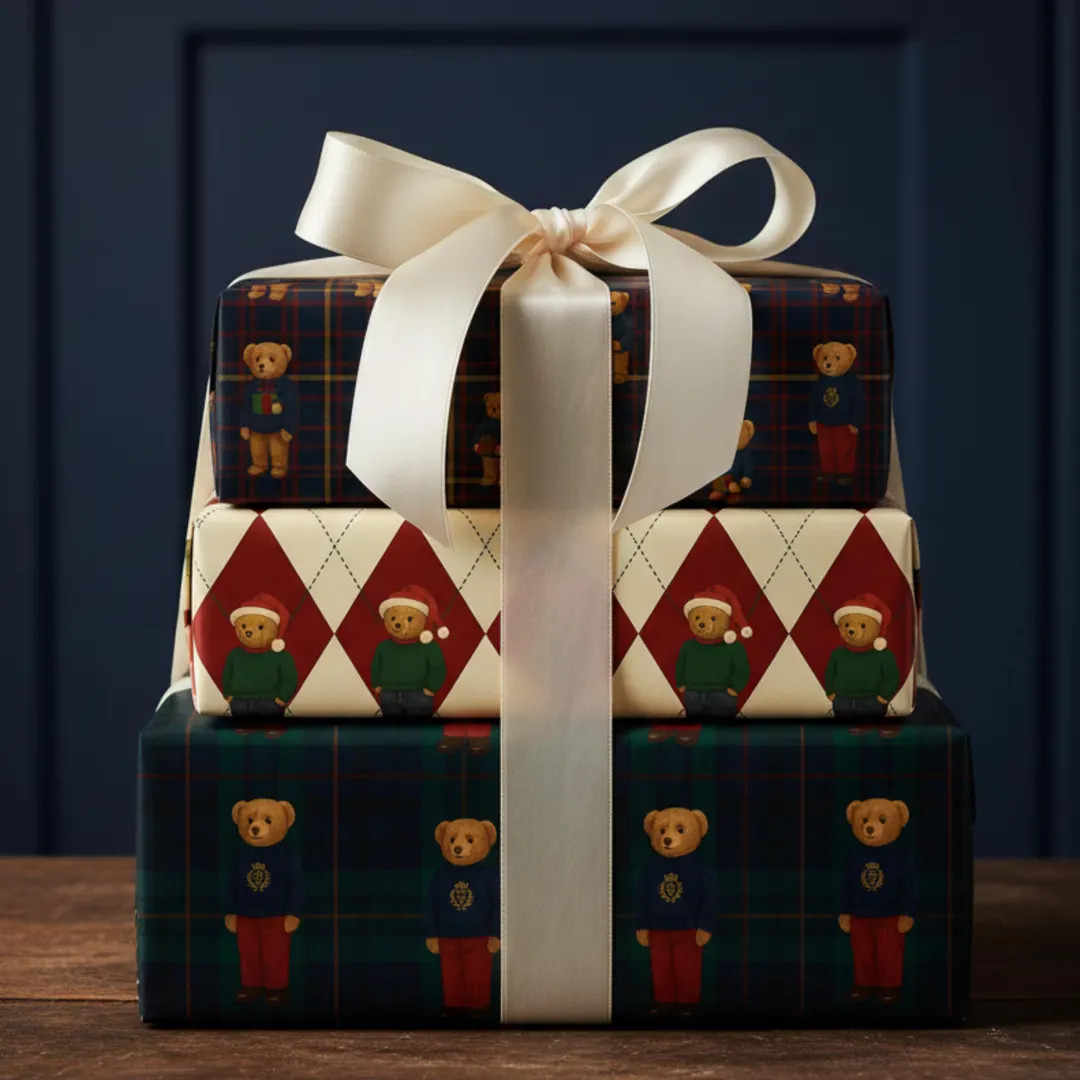 Tartan Teddy Bear Christmas Gift Wrap, Luxury Red & Navy Elegant Preppy Holiday Gift Wrapping Pap... | Etsy (US)