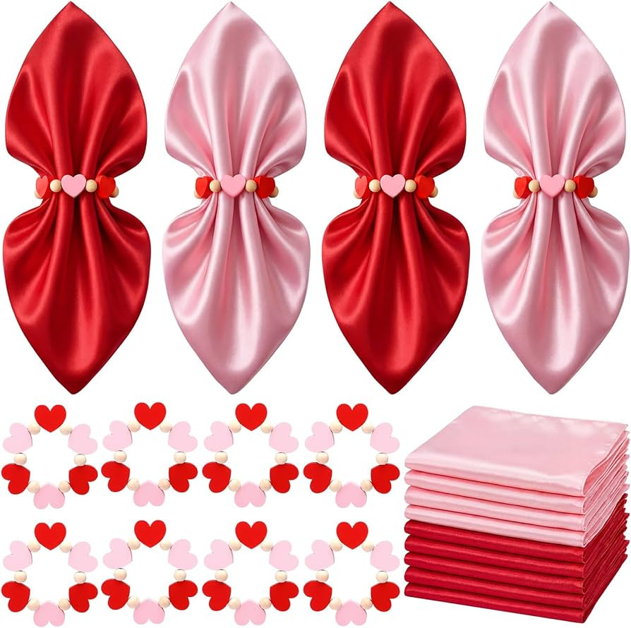 8 Sets Valentine's Day Cloth Napkins and Heart Rings, Wooden Red Pink Napkins Rings Holders for V... | Amazon (US)