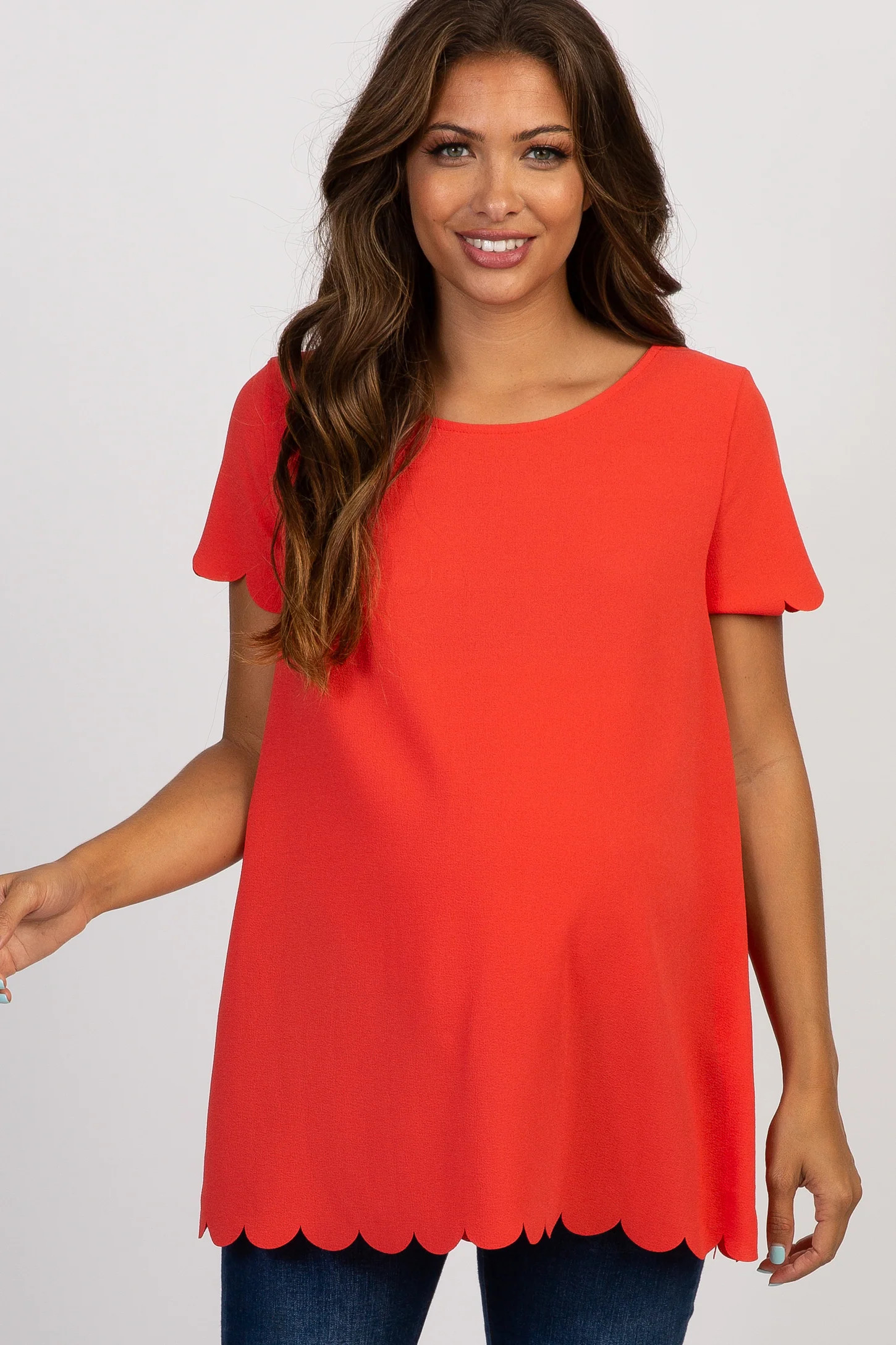 PinkBlush Coral Solid Scalloped Hem Maternity Top | PinkBlush Maternity