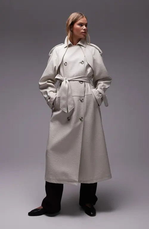 Topshop Belted Faux Leather Trench Coat in Beige at Nordstrom, Size Large | Nordstrom
