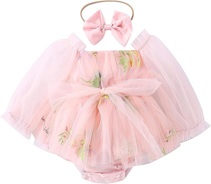 ODASDO Newborn Baby Girl Romper Dress Flower Embroidery Tutu Princess Long Sleeve One-Piece Bodys... | Amazon (US)