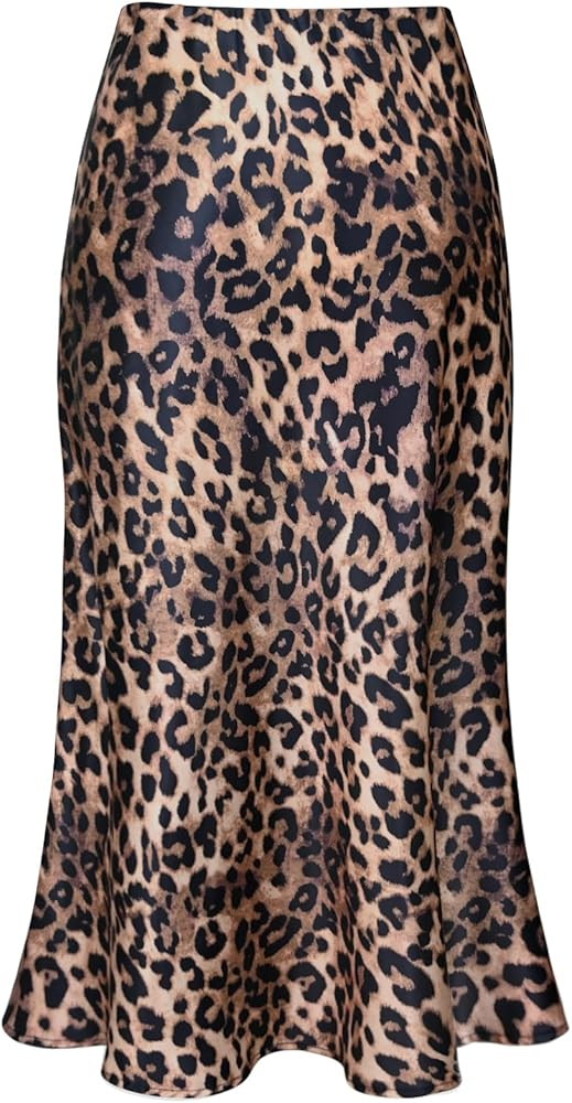 Women's Leopard Silk Satin Midi Skirt Elastic High Waisted A-Line Cheetah Print Fall Long Skirts ... | Amazon (US)