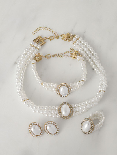 Clariva 5pcs Set Vintage Elegant High-End Alloy Pearl & Full Rhinestone Multi-Layer Necklace, Bra... | SHEIN